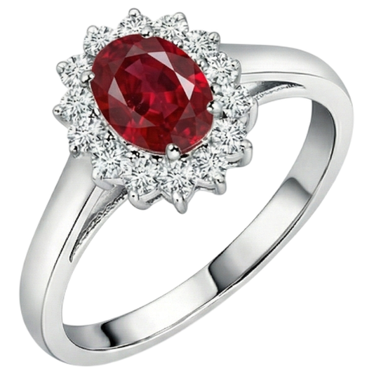 3,5 Karat Roter Ovaler Rubin Mit Aus der Erde Abgebauter Natürlicher Diamant Ehering Weißgold 14K