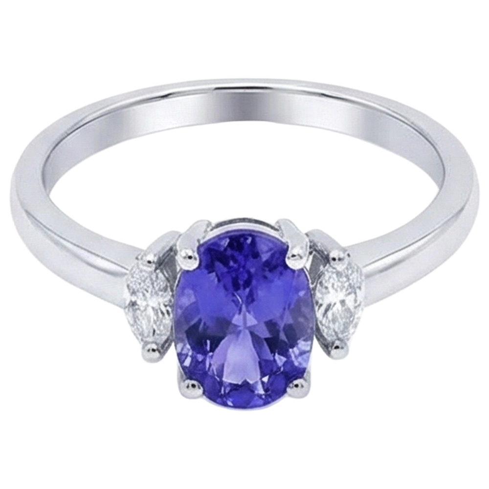 3,50 Karat Drei-Stein-Tansanit mit Aus der Erde Abgebauter Natürlicher Diamanten Ring Weißgold 14K