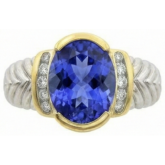 3,50 Karat Oval Tansanit FunkelndFunkelnd Aus der Erde Abgebauter Natürlicher Diamanten Ring Neu Zweifarbig