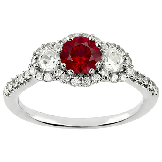 3,50 Karat Runder Roter Rubin Aus der Erde Abgebauter Natürlicher Diamant 3 Steine Stil Ring Weißgold 14K