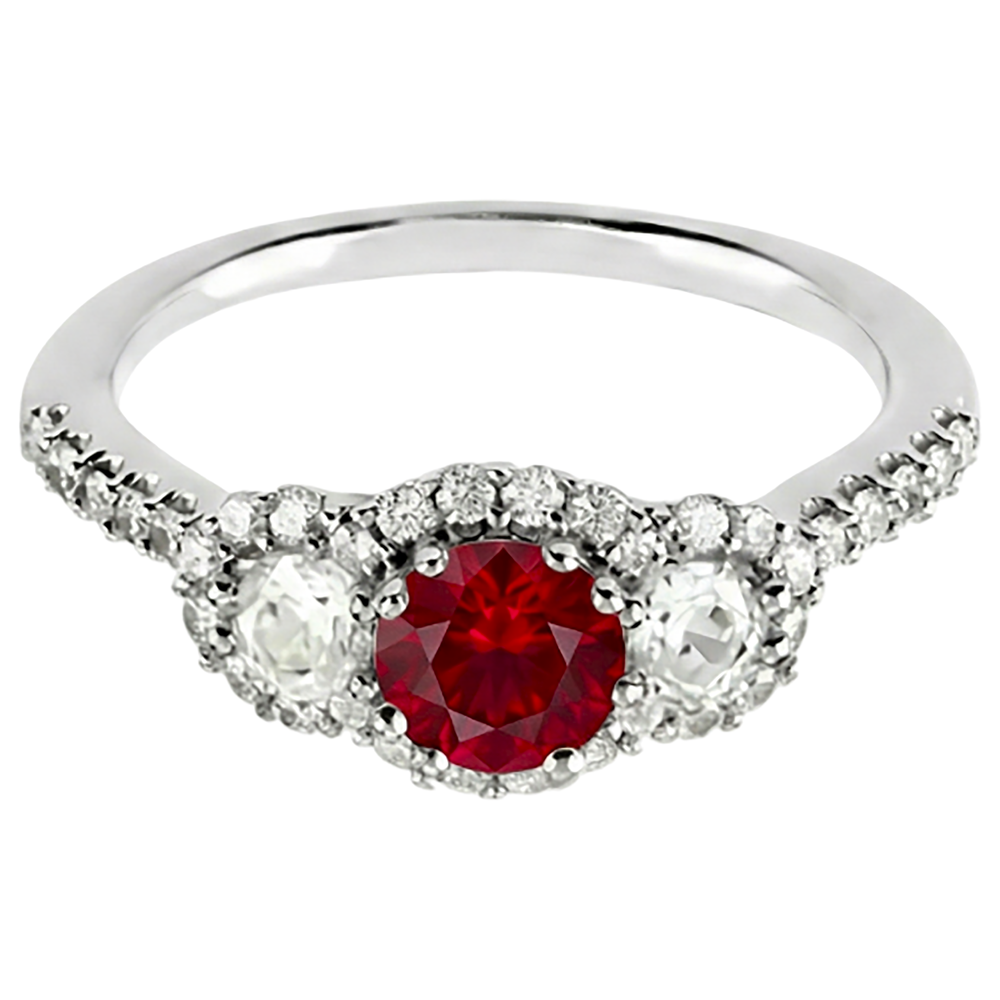 3,50 Karat Runder Roter Rubin Aus der Erde Abgebauter Natürlicher Diamant 3 Steine Stil Ring Weißgold 14K