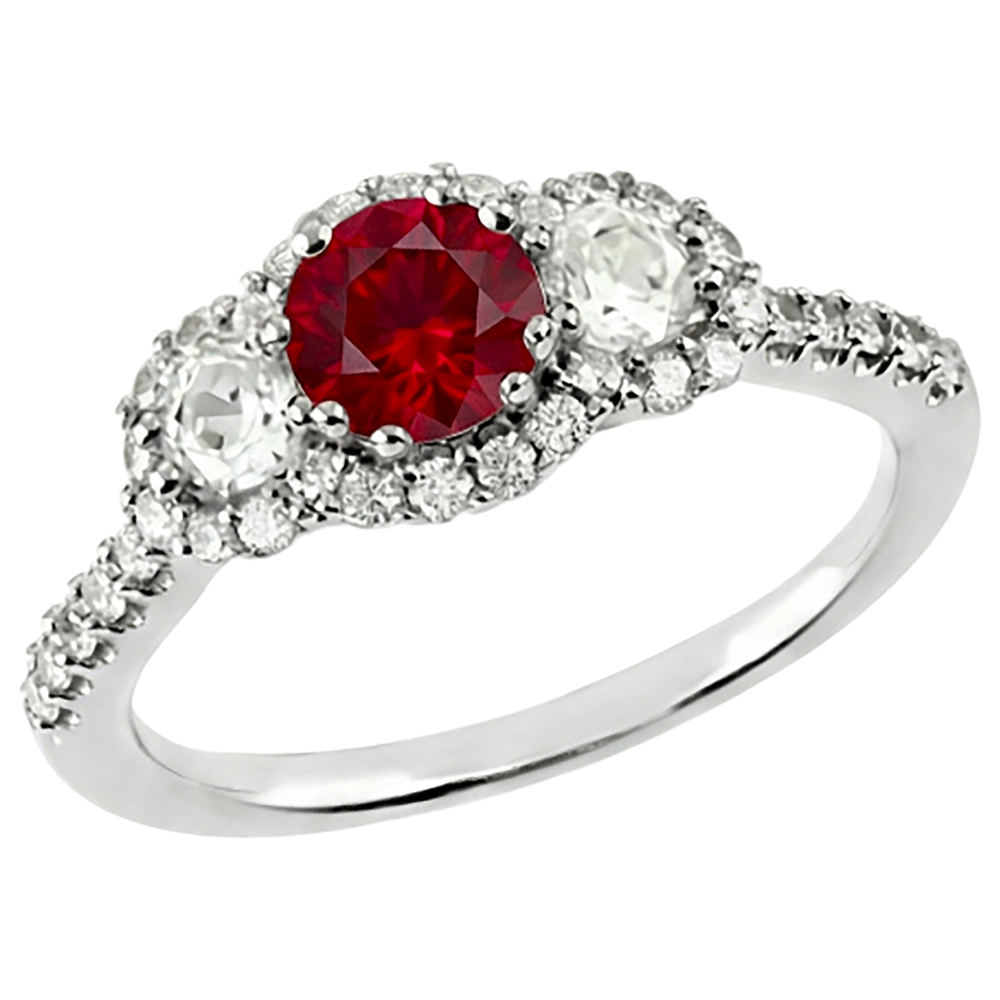 3,50 Karat Runder Roter Rubin Aus der Erde Abgebauter Natürlicher Diamant 3 Steine Stil Ring Weißgold 14K