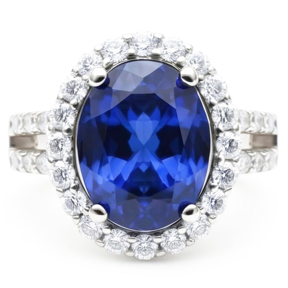 3,60 Karat Oval Blauer Saphir Aus der Erde Abgebauter Natürlicher Diamant Ehering Weißgold 14K