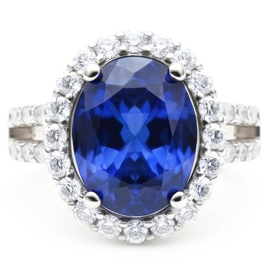 3,60 Karat Oval Blauer Saphir Aus der Erde Abgebauter Natürlicher Diamant Ehering Weißgold 14K