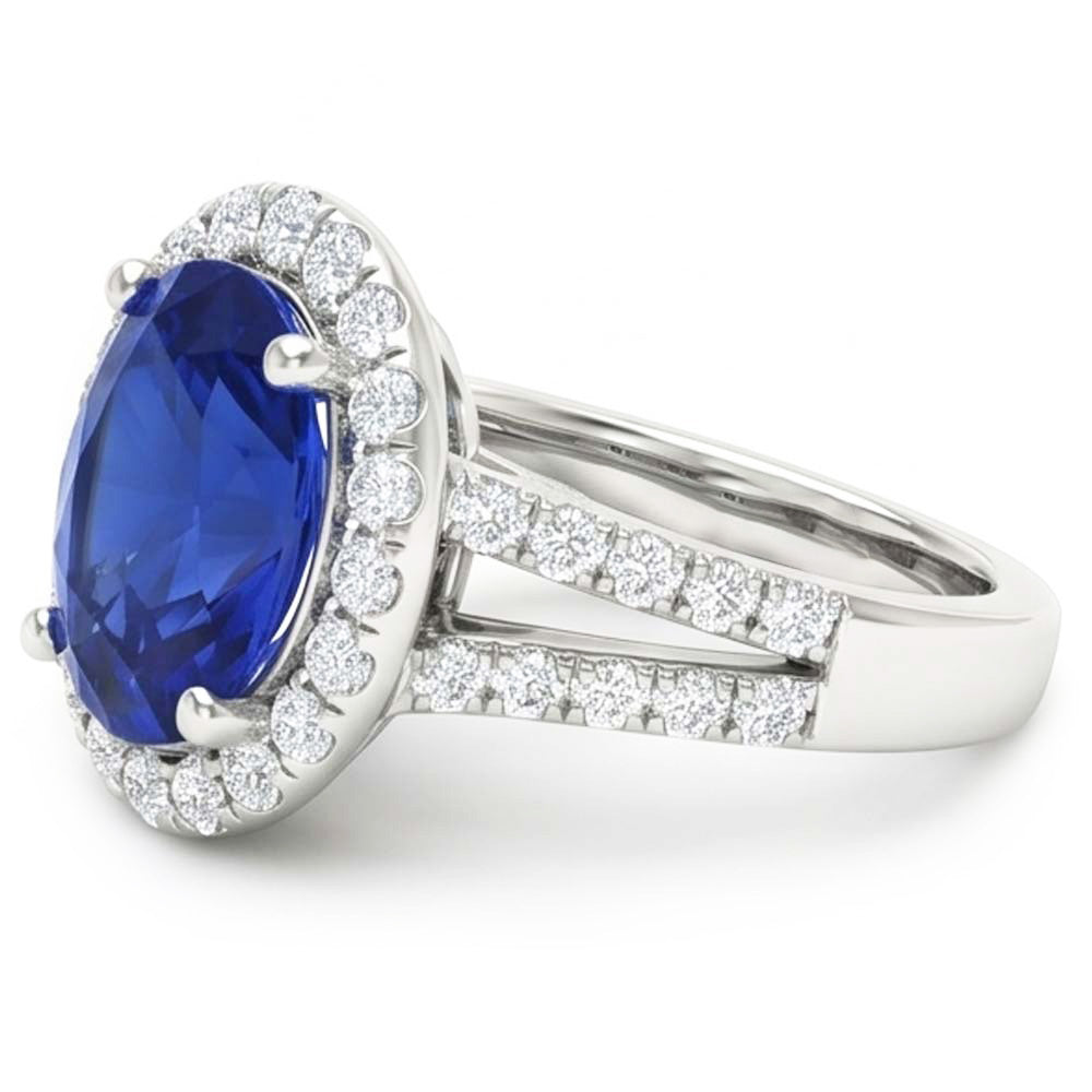 3,60 Karat Oval Blauer Saphir Aus der Erde Abgebauter Natürlicher Diamant Ehering Weißgold 14K