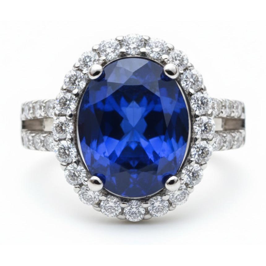 3,60 Karat Oval Blauer Saphir Aus der Erde Abgebauter Natürlicher Diamant Ehering Weißgold 14K