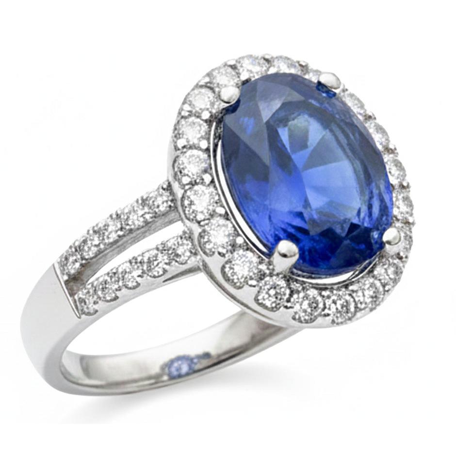 3,60 Karat Oval Blauer Saphir Aus der Erde Abgebauter Natürlicher Diamant Ehering Weißgold 14K