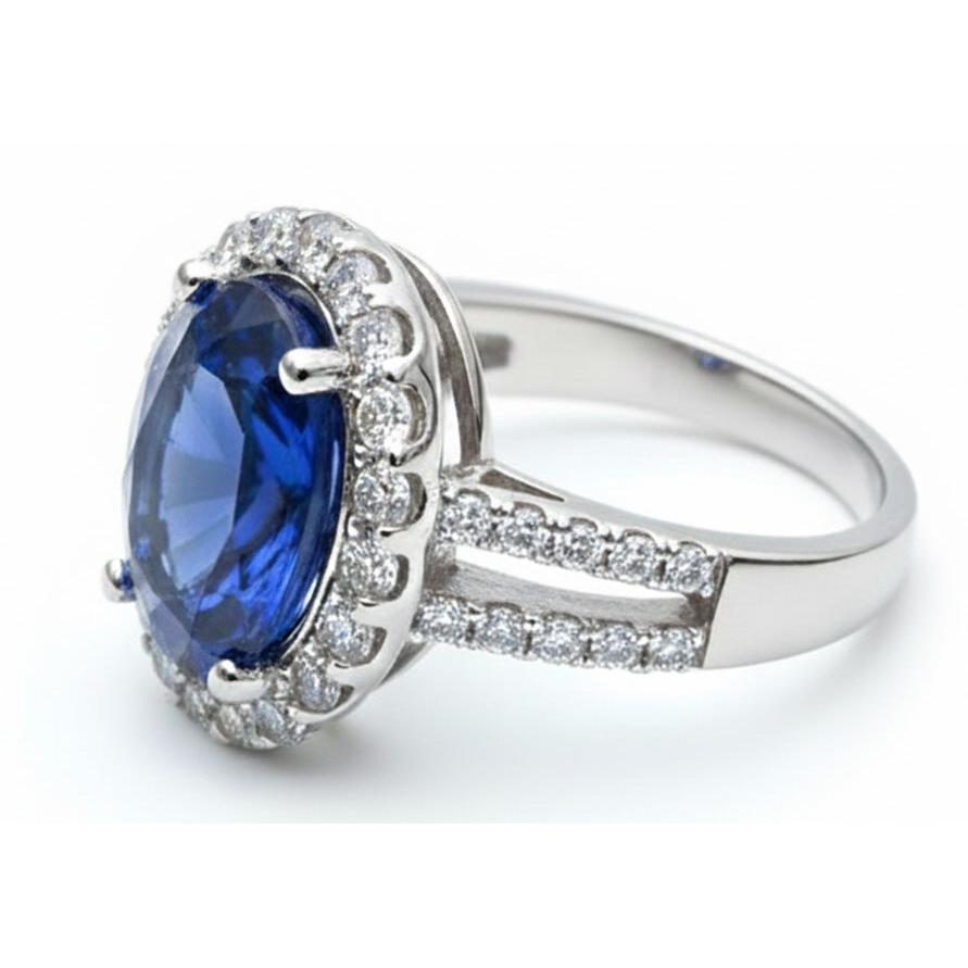 3,60 Karat Oval Blauer Saphir Aus der Erde Abgebauter Natürlicher Diamant Ehering Weißgold 14K