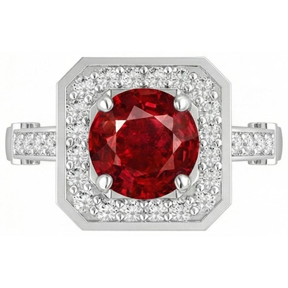 3,75 Karat Roter Rubin Und Aus der Erde Abgebauter Natürlicher Diamanten Ring Weißgold 14K