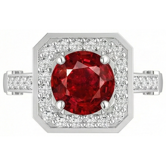 3,75 Karat Roter Rubin Und Aus der Erde Abgebauter Natürlicher Diamanten Ring Weißgold 14K