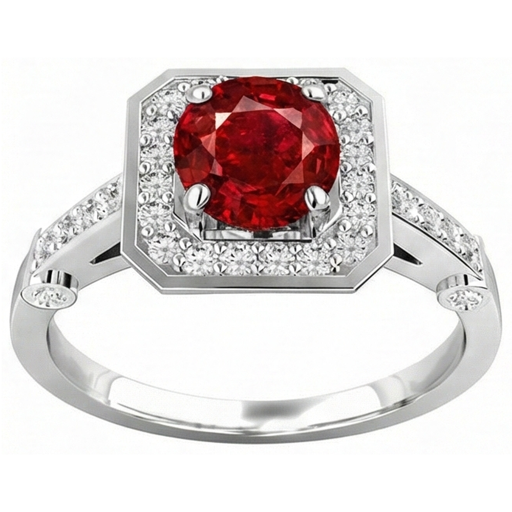 3,75 Karat Roter Rubin Und Aus der Erde Abgebauter Natürlicher Diamanten Ring Weißgold 14K