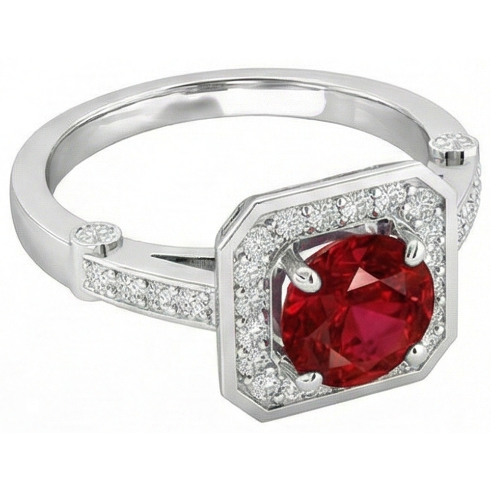 3,75 Karat Roter Rubin Und Aus der Erde Abgebauter Natürlicher Diamanten Ring Weißgold 14K