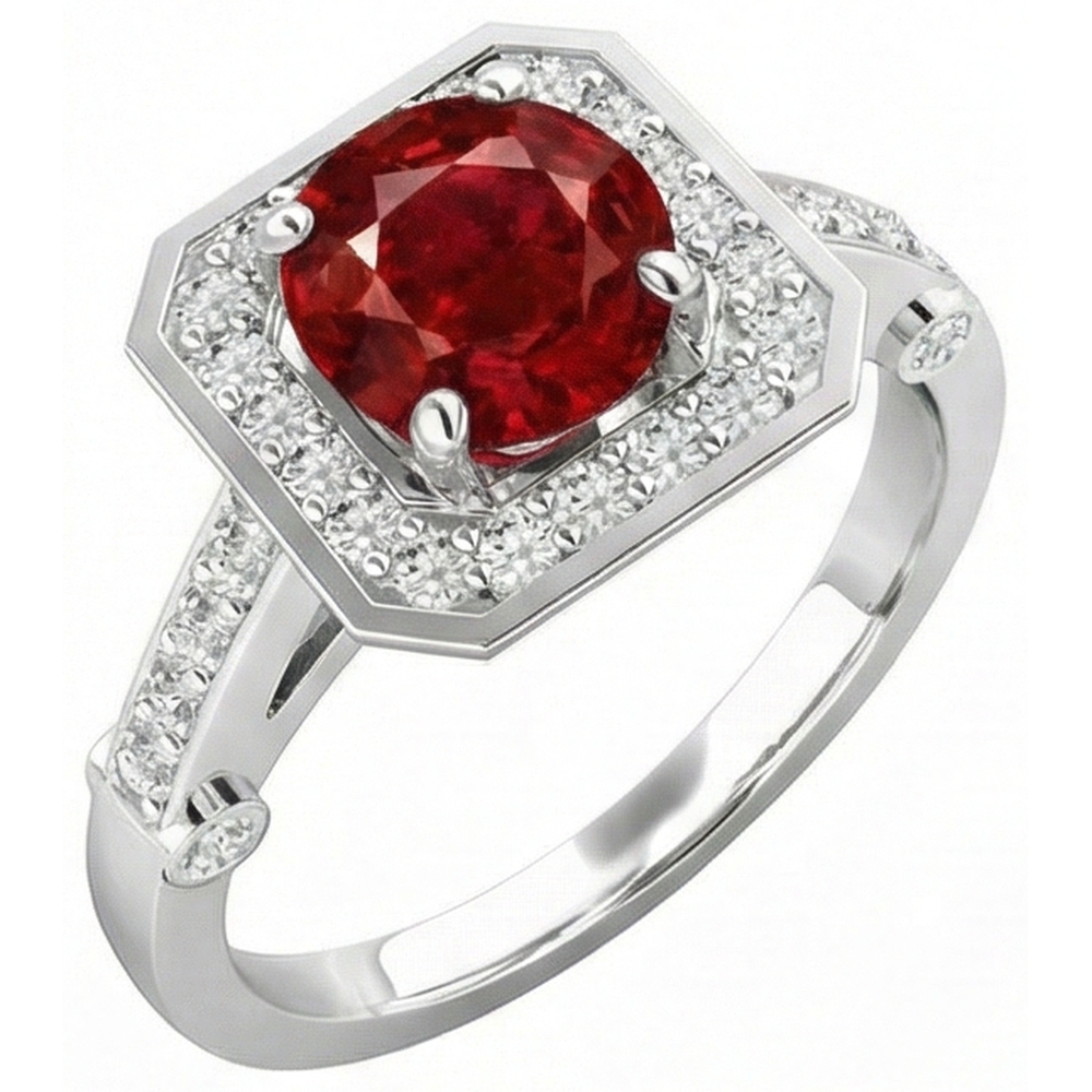 3,75 Karat Roter Rubin Und Aus der Erde Abgebauter Natürlicher Diamanten Ring Weißgold 14K