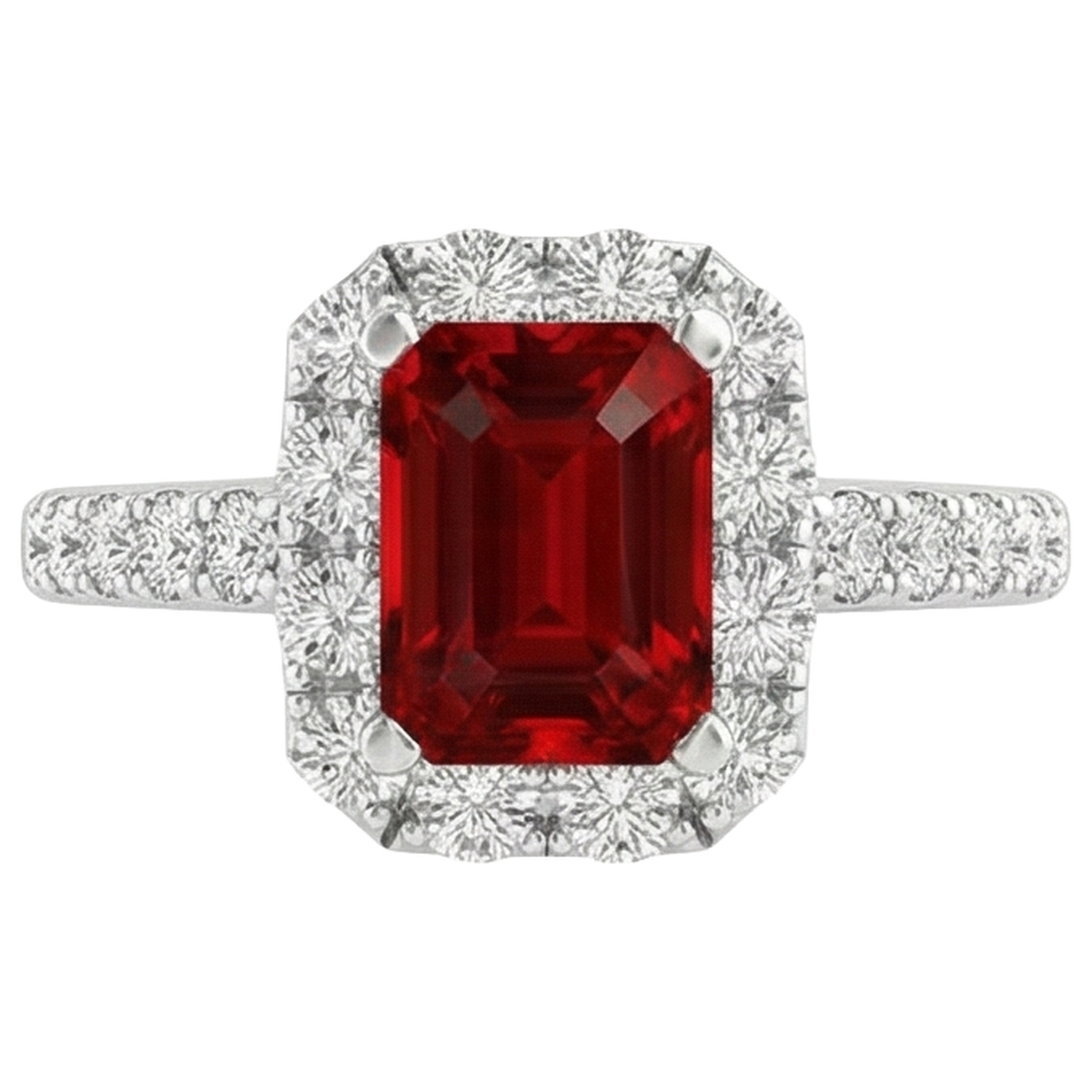 3,75 Karat Smaragdschliff Rubin und runder Aus der Erde Abgebauter Natürlicher Diamanten Ring 14K Weißgold
