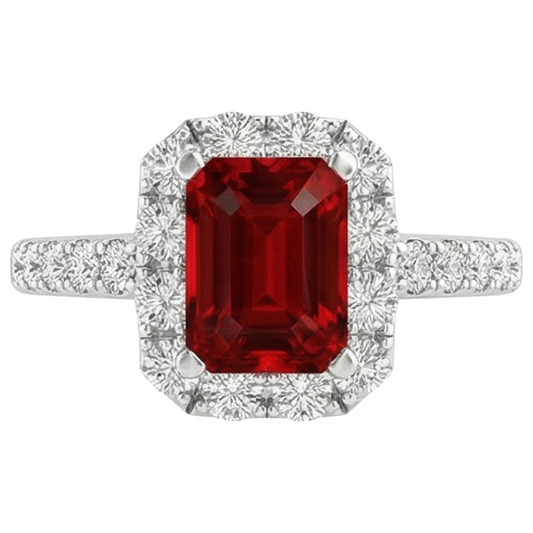 3,75 Karat Smaragdschliff Rubin und runder Aus der Erde Abgebauter Natürlicher Diamanten Ring 14K Weißgold