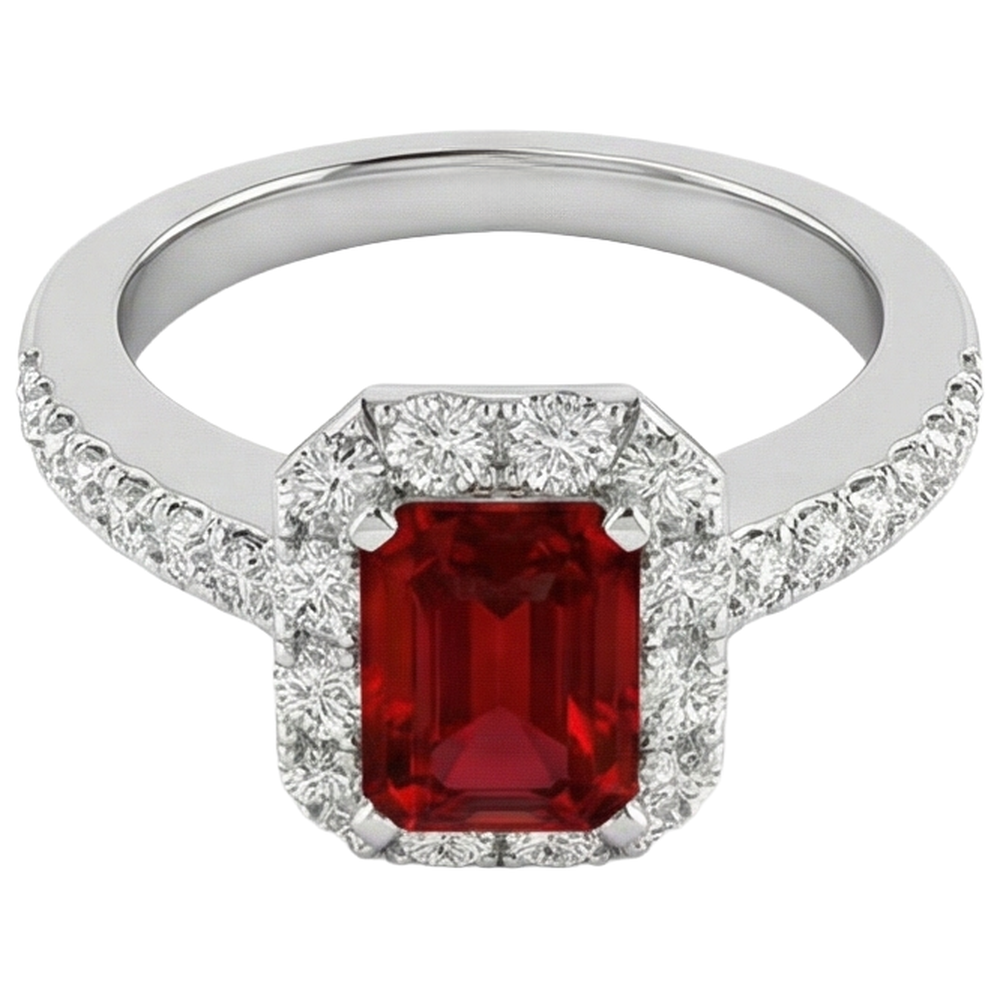 3,75 Karat Smaragdschliff Rubin und runder Aus der Erde Abgebauter Natürlicher Diamanten Ring 14K Weißgold