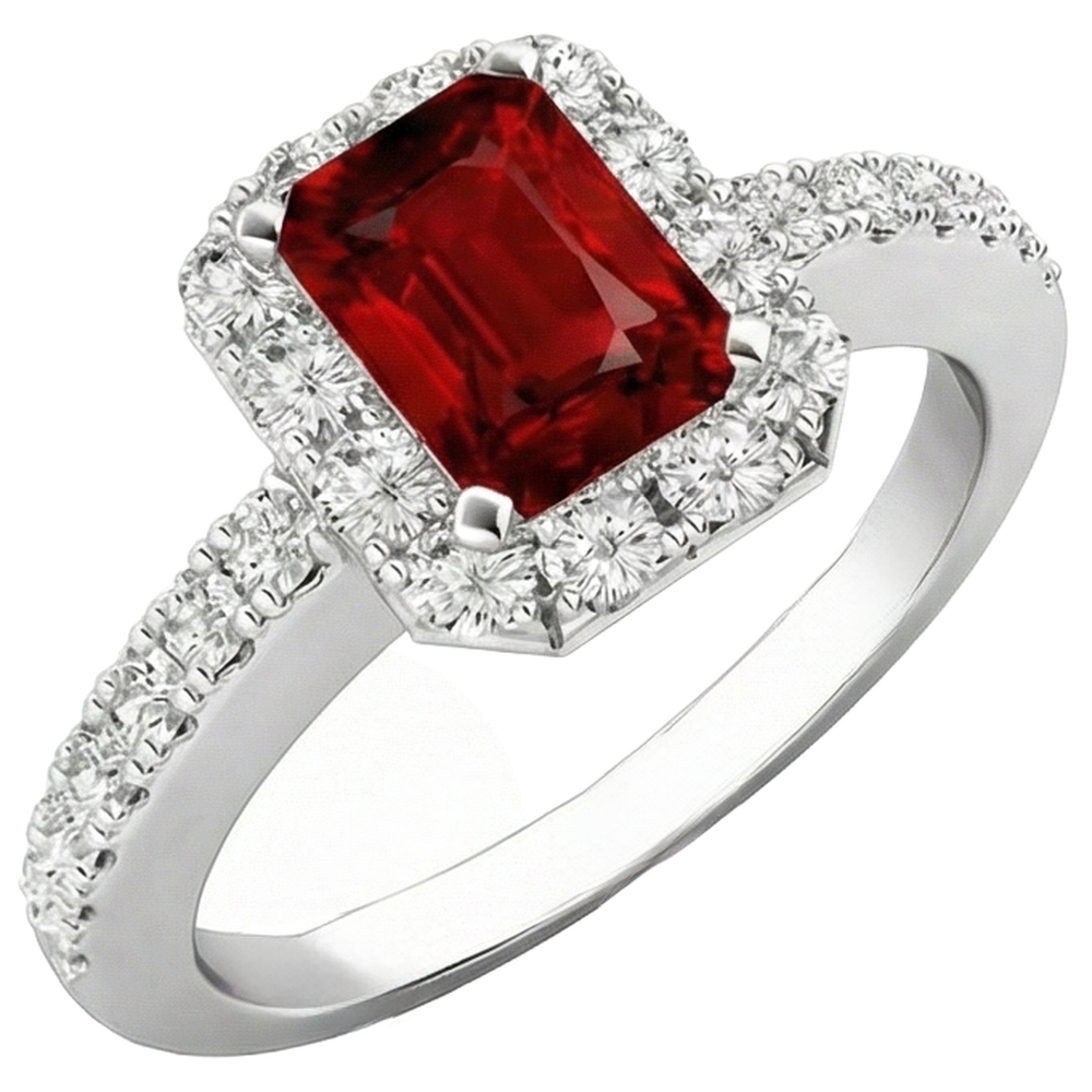 3,75 Karat Smaragdschliff Rubin und runder Aus der Erde Abgebauter Natürlicher Diamanten Ring 14K Weißgold