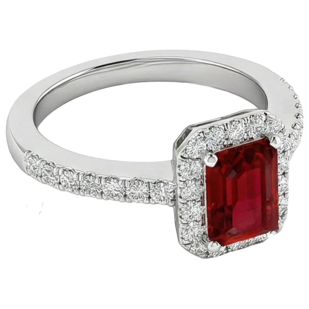 3,75 Karat Smaragdschliff Rubin und runder Aus der Erde Abgebauter Natürlicher Diamanten Ring 14K Weißgold