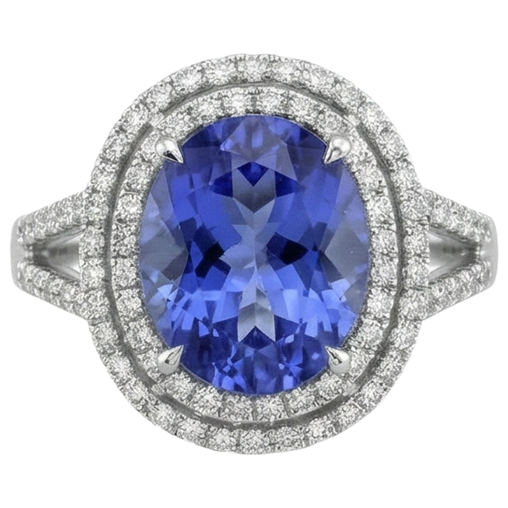 3,80 ct. Tansanit im Rundschliff mit Aus der Erde Abgebauter Natürlicher Diamanten Ehering Gold Weiß
