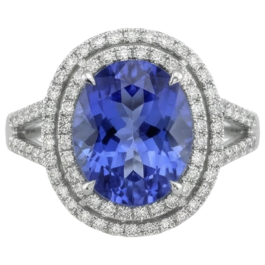 3,80 ct. Tansanit im Rundschliff mit Aus der Erde Abgebauter Natürlicher Diamanten Ehering Gold Weiß