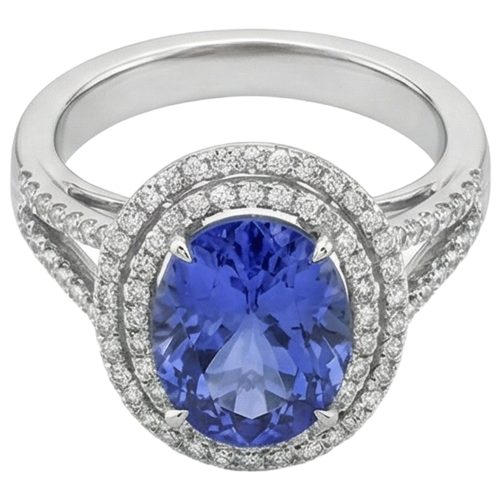 3,80 ct. Tansanit im Rundschliff mit Aus der Erde Abgebauter Natürlicher Diamanten Ehering Gold Weiß