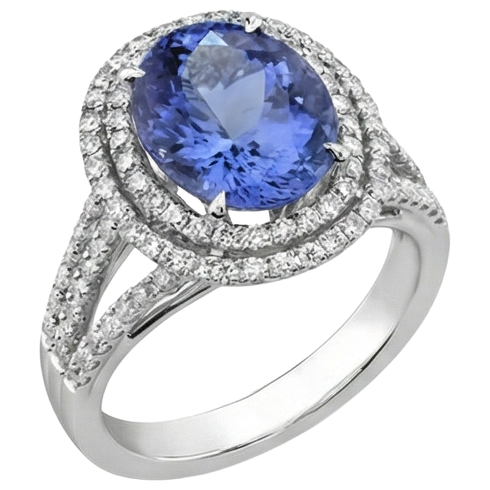 3,80 ct. Tansanit im Rundschliff mit Aus der Erde Abgebauter Natürlicher Diamanten Ehering Gold Weiß