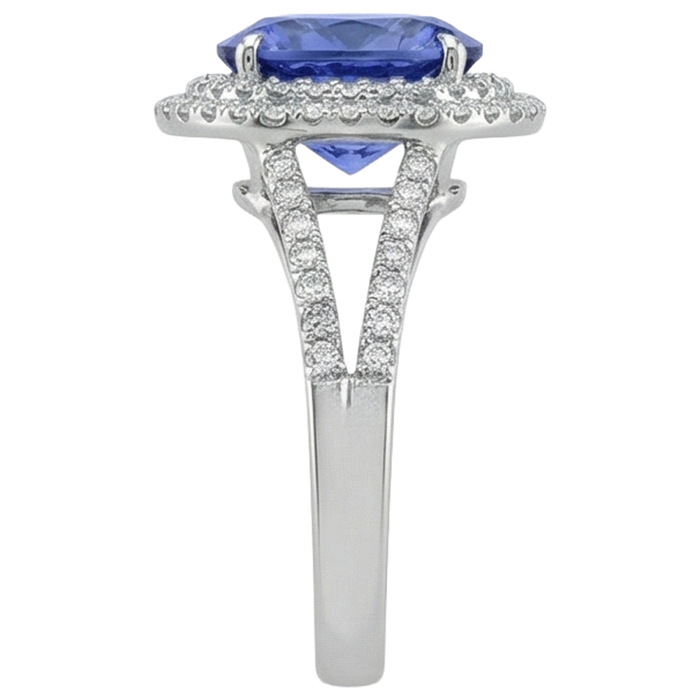 3,80 ct. Tansanit im Rundschliff mit Aus der Erde Abgebauter Natürlicher Diamanten Ehering Gold Weiß