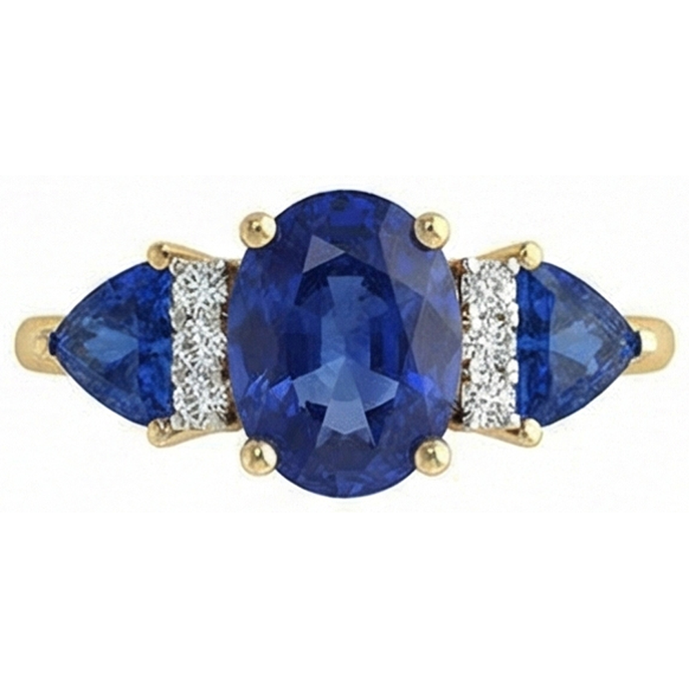 4.26 ct. Ovaler Trillion Ceylon Ring mit Saphir und Aus der Erde Abgebauter Natürlicher Diamanten 3 Stein