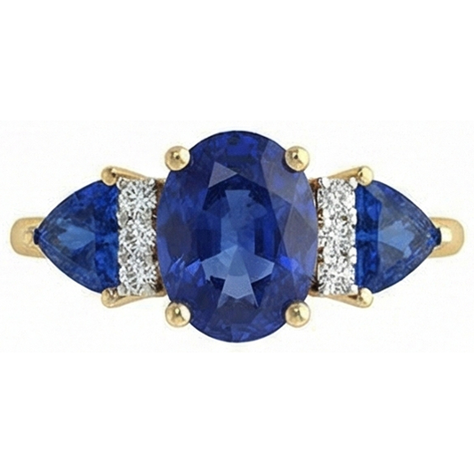 4.26 ct. Ovaler Trillion Ceylon Ring mit Saphir und Aus der Erde Abgebauter Natürlicher Diamanten 3 Stein