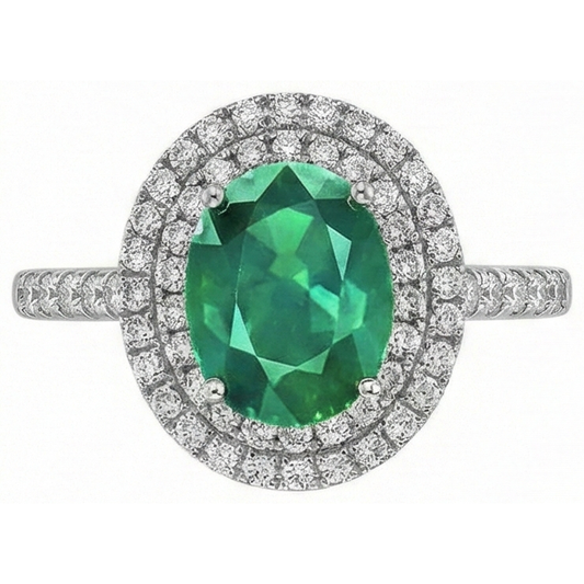4.35 Karat Grün Smaragd mit Aus der Erde Abgebauter Natürlicher Diamanten Ring Double Halo 14K Weißgold