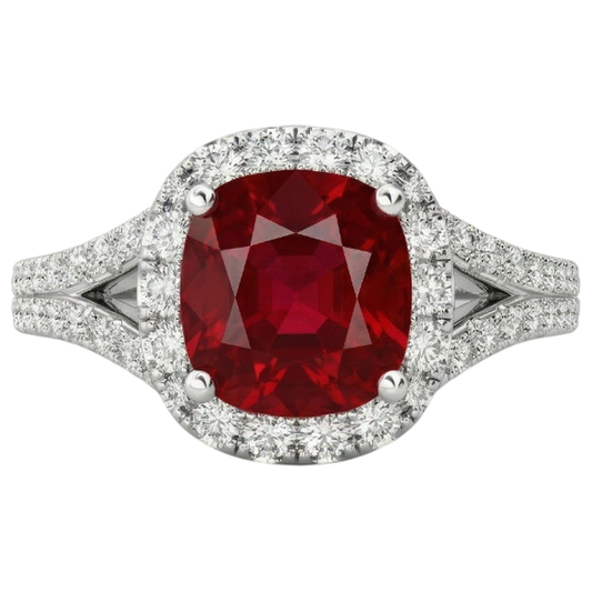 4.35 Karat Halo Rubin und Aus der Erde Abgebauter Natürlicher Diamanten Ring Split Shank Weißgold 14K
