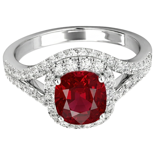 4.35 Karat Halo Rubin und Aus der Erde Abgebauter Natürlicher Diamanten Ring Split Shank Weißgold 14K