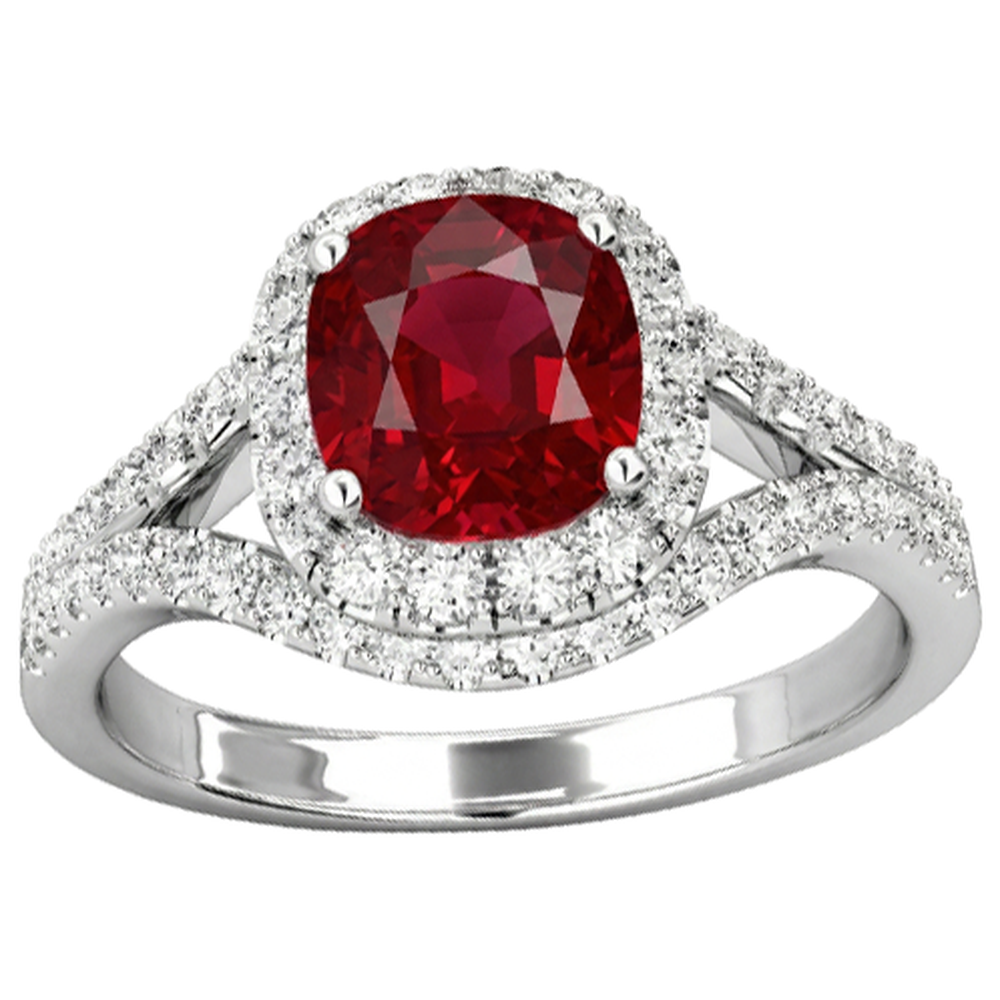 4.35 Karat Halo Rubin und Aus der Erde Abgebauter Natürlicher Diamanten Ring Split Shank Weißgold 14K