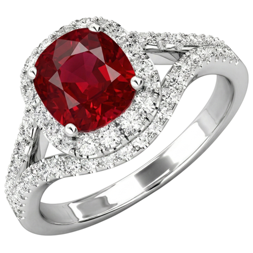 4.35 Karat Halo Rubin und Aus der Erde Abgebauter Natürlicher Diamanten Ring Split Shank Weißgold 14K
