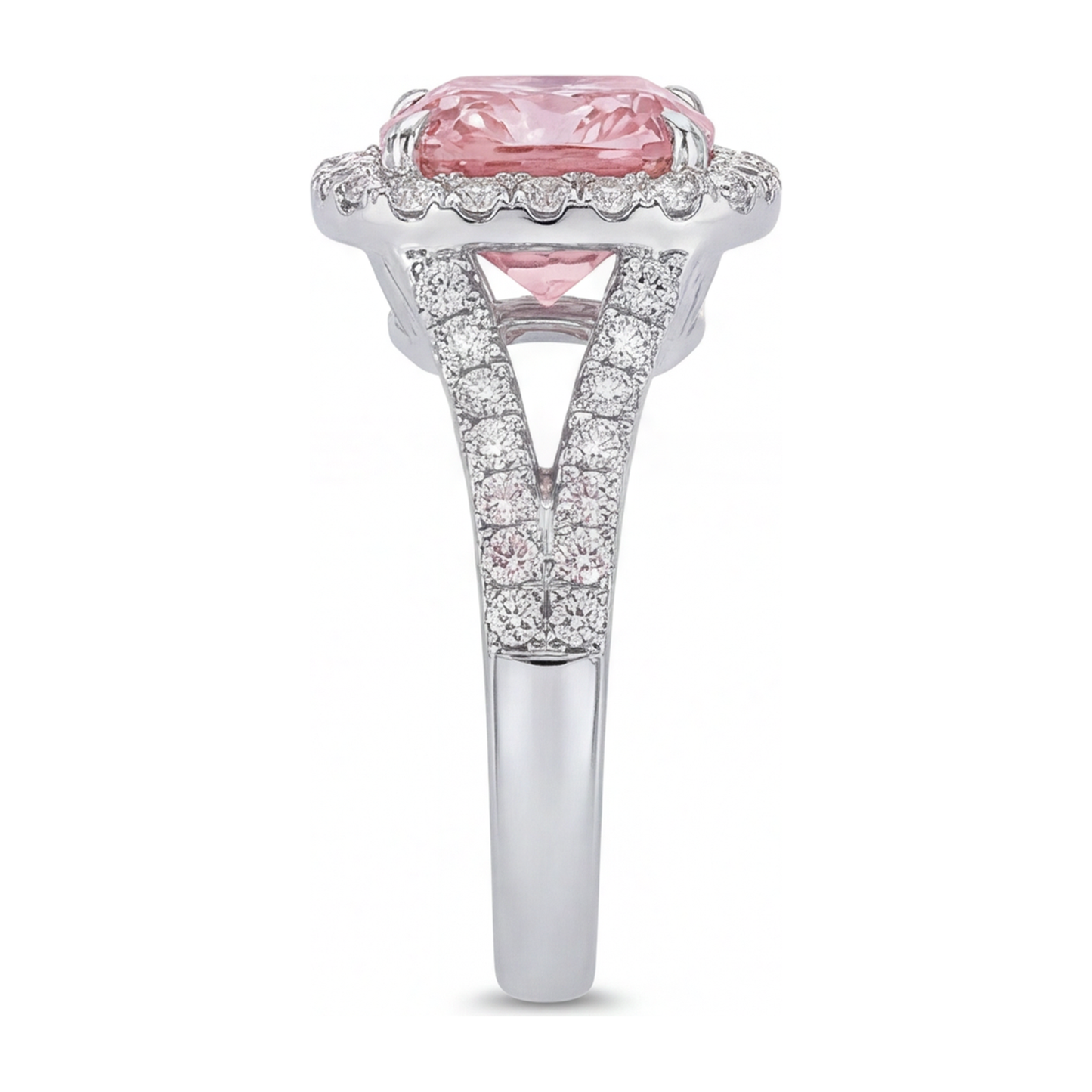 Im Labor gezüchteter rosa Diamantring 4,5 Karat Kissenschliff Halo 14 Karat Weißgold