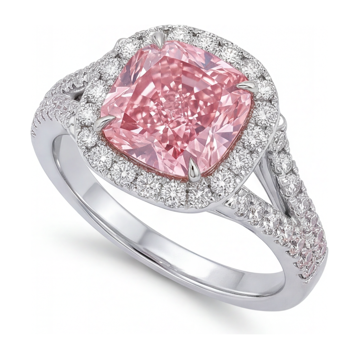 Im Labor gezüchteter rosa Diamantring 4,5 Karat Kissenschliff Halo 14 Karat Weißgold