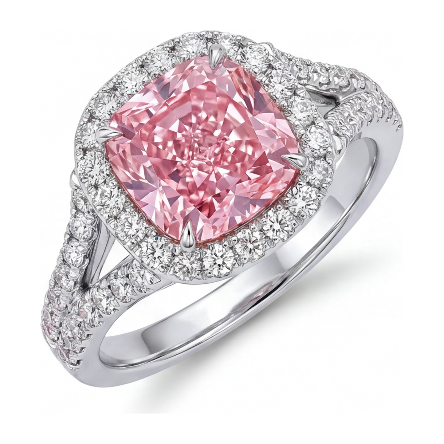 Im Labor gezüchteter rosa Diamantring 4,5 Karat Kissenschliff Halo 14 Karat Weißgold