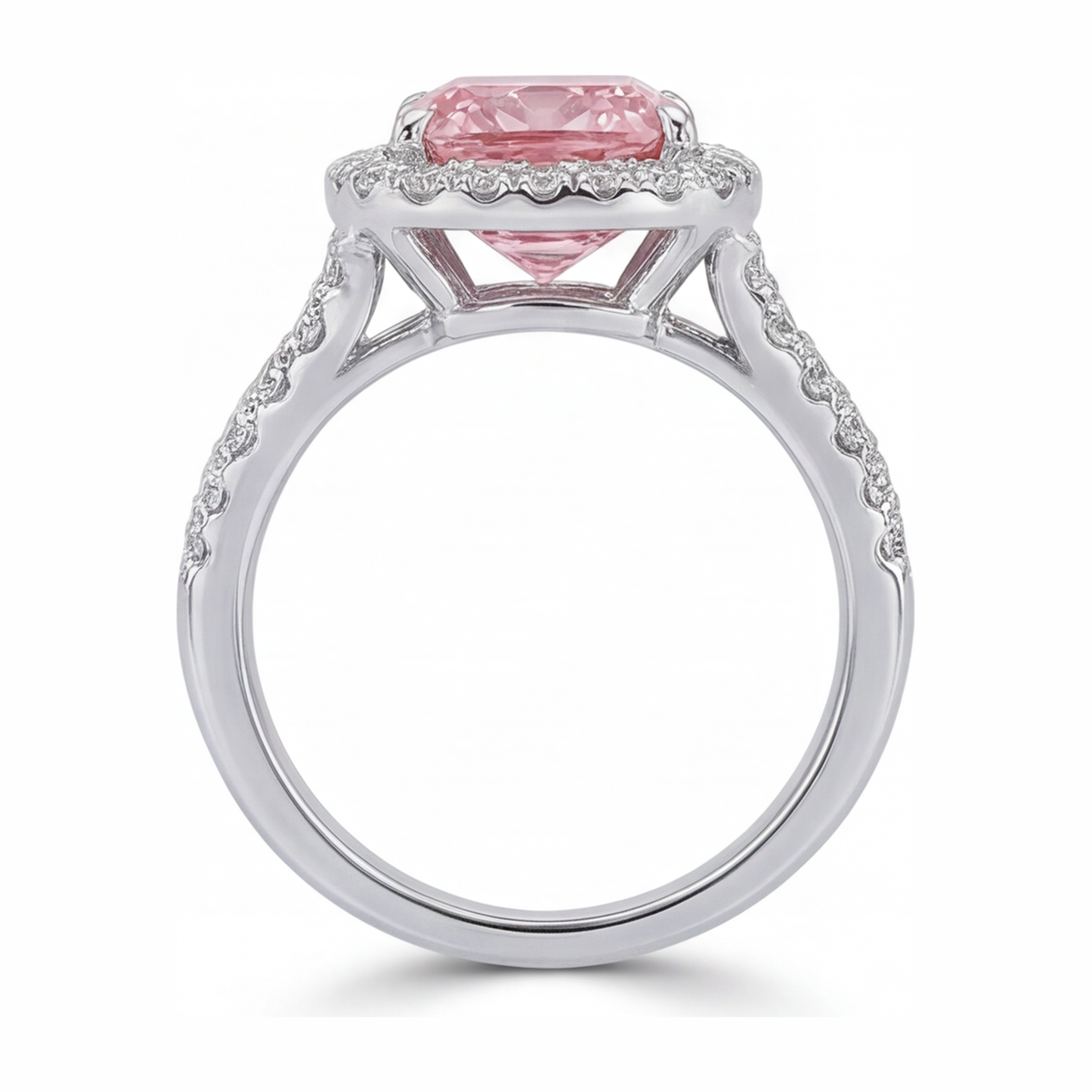 Im Labor gezüchteter rosa Diamantring 4,5 Karat Kissenschliff Halo 14 Karat Weißgold