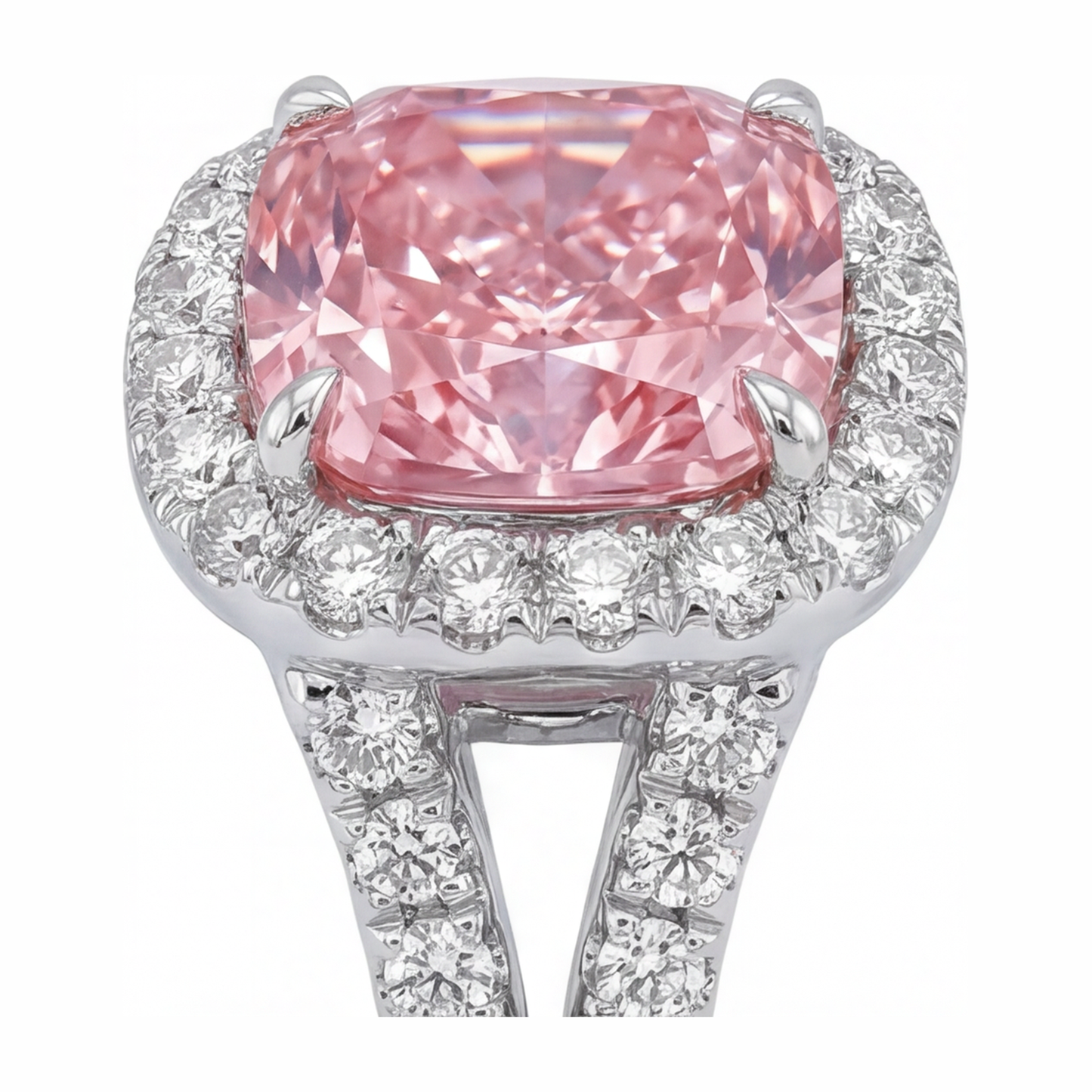 Im Labor gezüchteter rosa Diamantring 4,5 Karat Kissenschliff Halo 14 Karat Weißgold