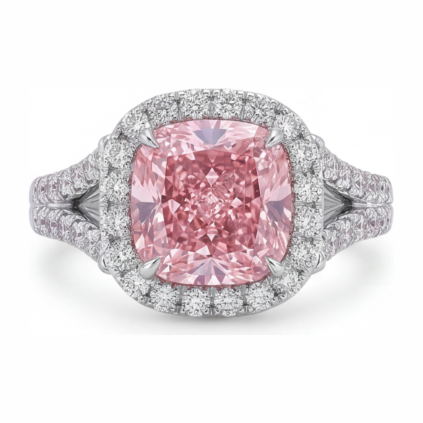 Im Labor gezüchteter rosa Diamantring 4,5 Karat Kissenschliff Halo 14 Karat Weißgold