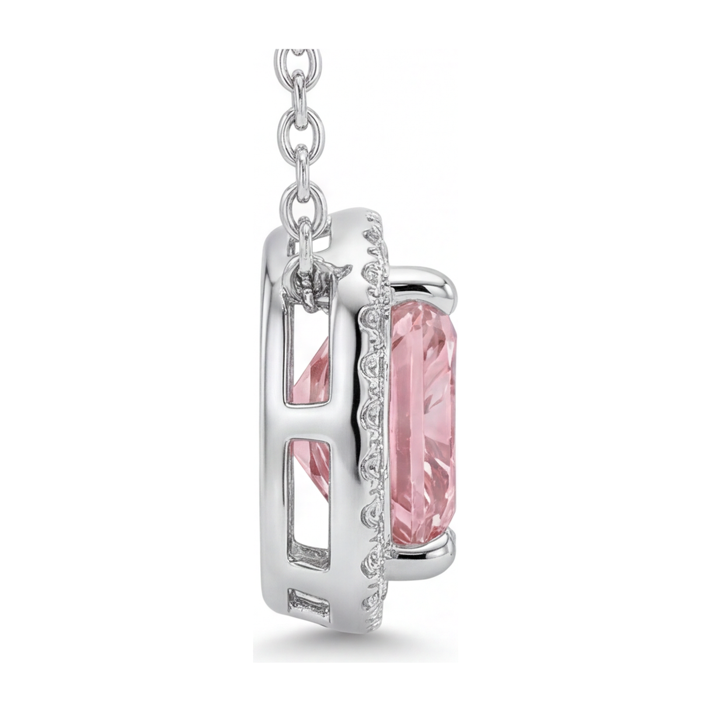 Halskette mit rosa Diamant 4,5 Karat im Labor gezüchtet Radiant Halo Pavé Kathedralen-Anhänger 14 Karat Weißgold