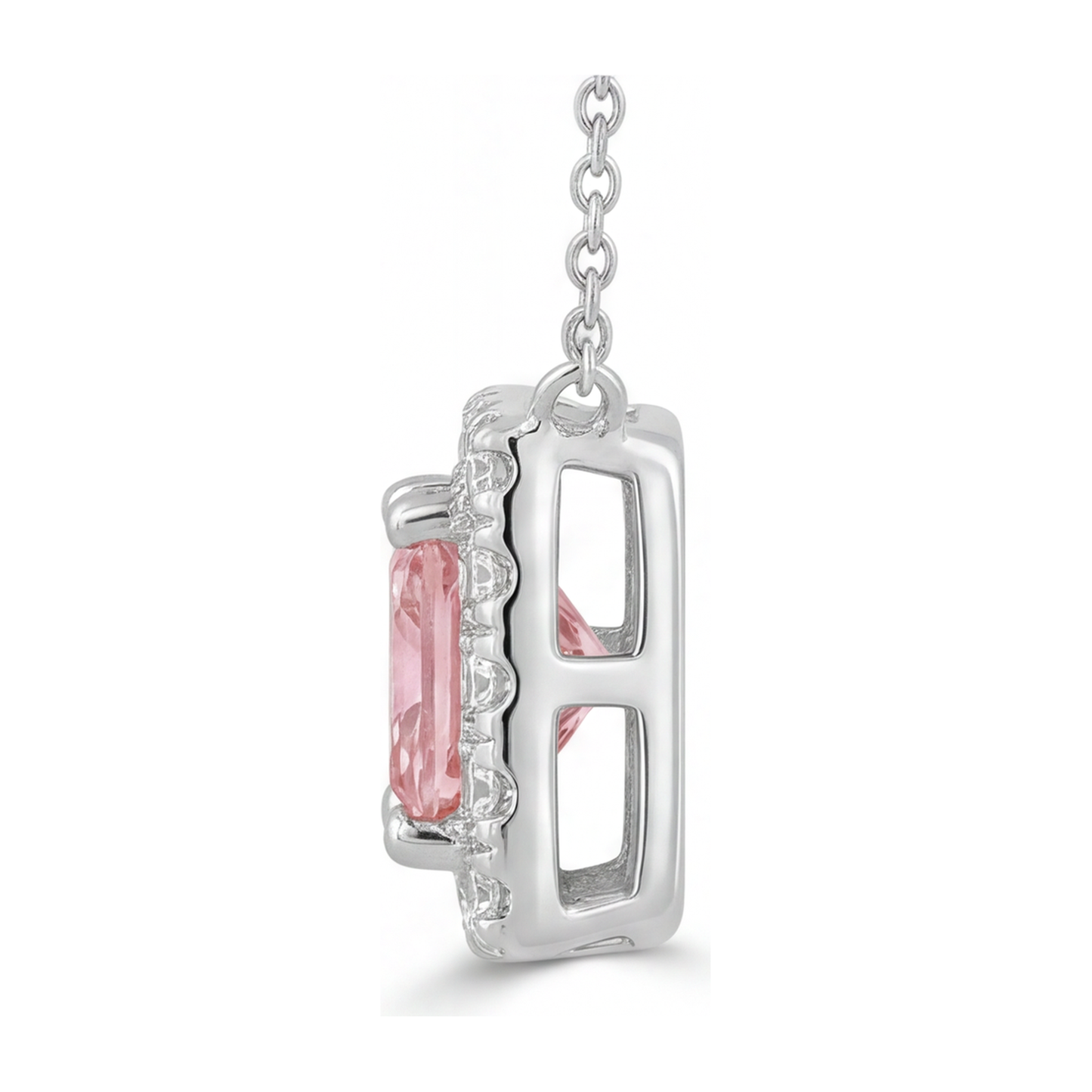 Rosa Diamant Halskette 4,5 Karat im Labor gezüchtet Radiant-Schliff Halo Pavé Anhänger 14 Karat Weißgold