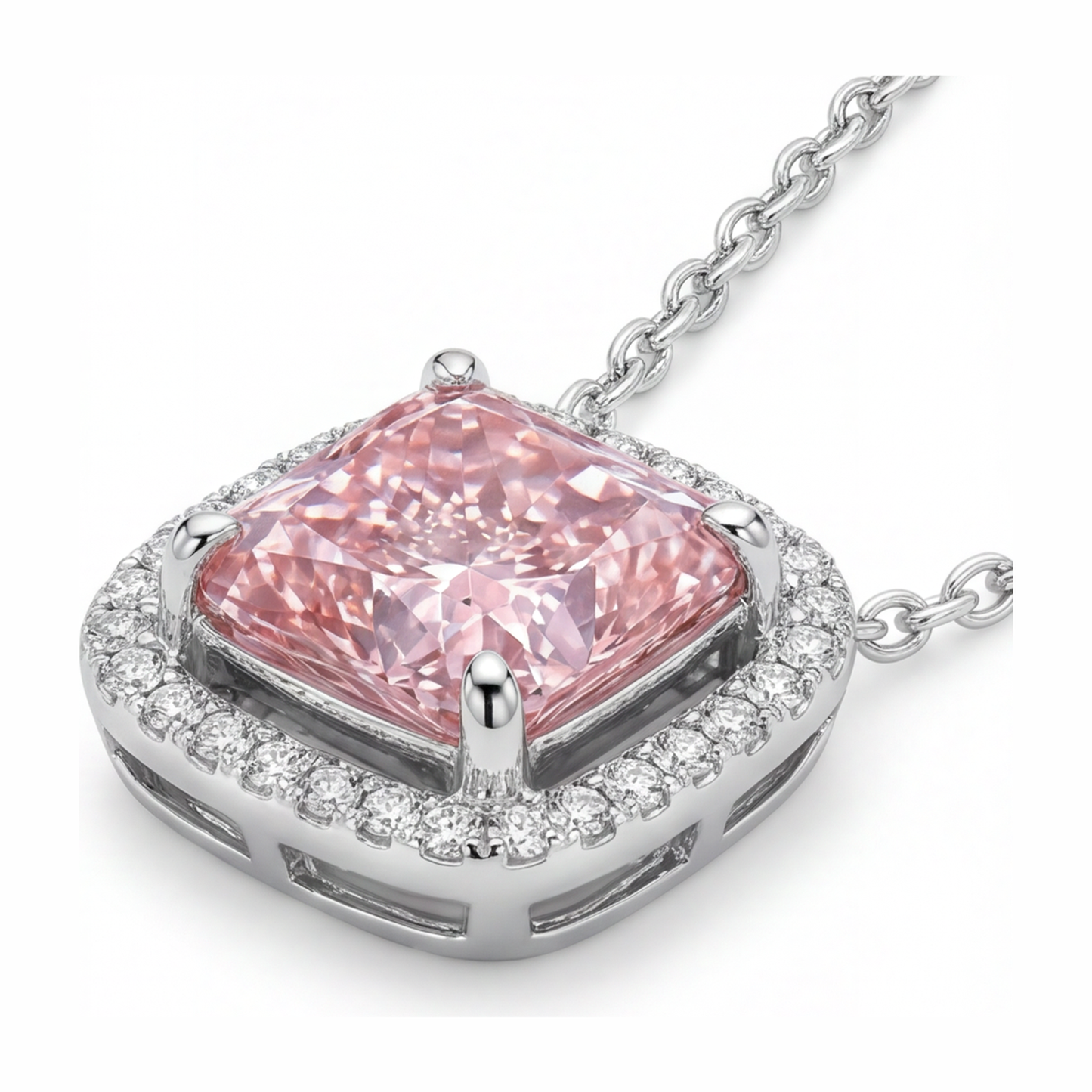 Halskette mit rosa Diamant 4,5 Karat im Labor gezüchtet Radiant Halo Pavé Kathedralen-Anhänger 14 Karat Weißgold