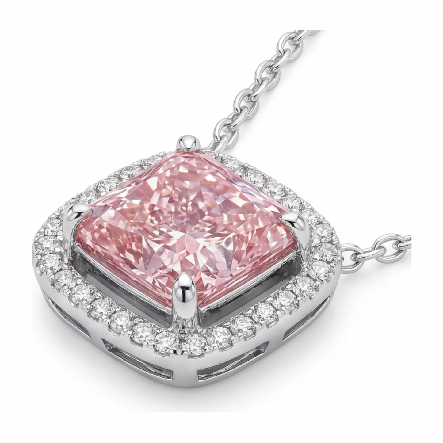 Halskette mit rosa Diamant 4,5 Karat im Labor gezüchtet Radiant Halo Pavé Kathedralen-Anhänger 14 Karat Weißgold