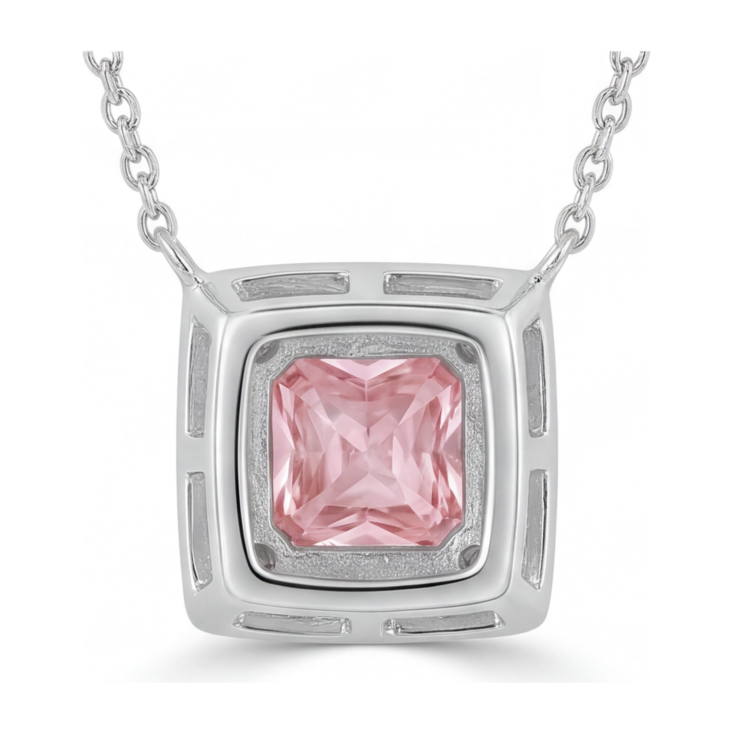 Rosa Diamant Halskette 4,5 Karat im Labor gezüchtet Radiant-Schliff Halo Pavé Anhänger 14 Karat Weißgold