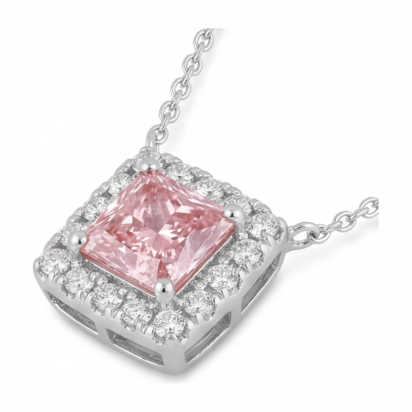 Rosa Diamant Halskette 4,5 Karat im Labor gezüchtet Radiant-Schliff Halo Pavé Anhänger 14 Karat Weißgold