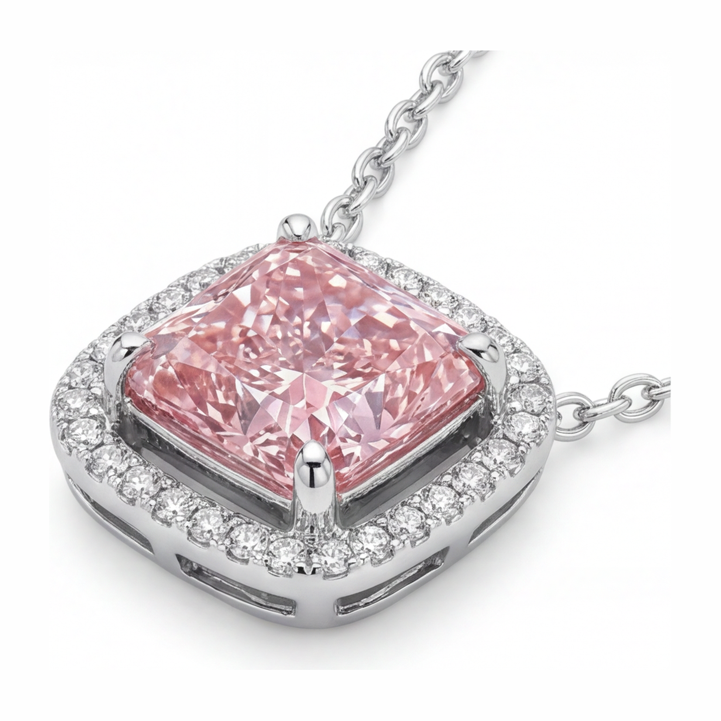 Halskette mit rosa Diamant 4,5 Karat im Labor gezüchtet Radiant Halo Pavé Kathedralen-Anhänger 14 Karat Weißgold