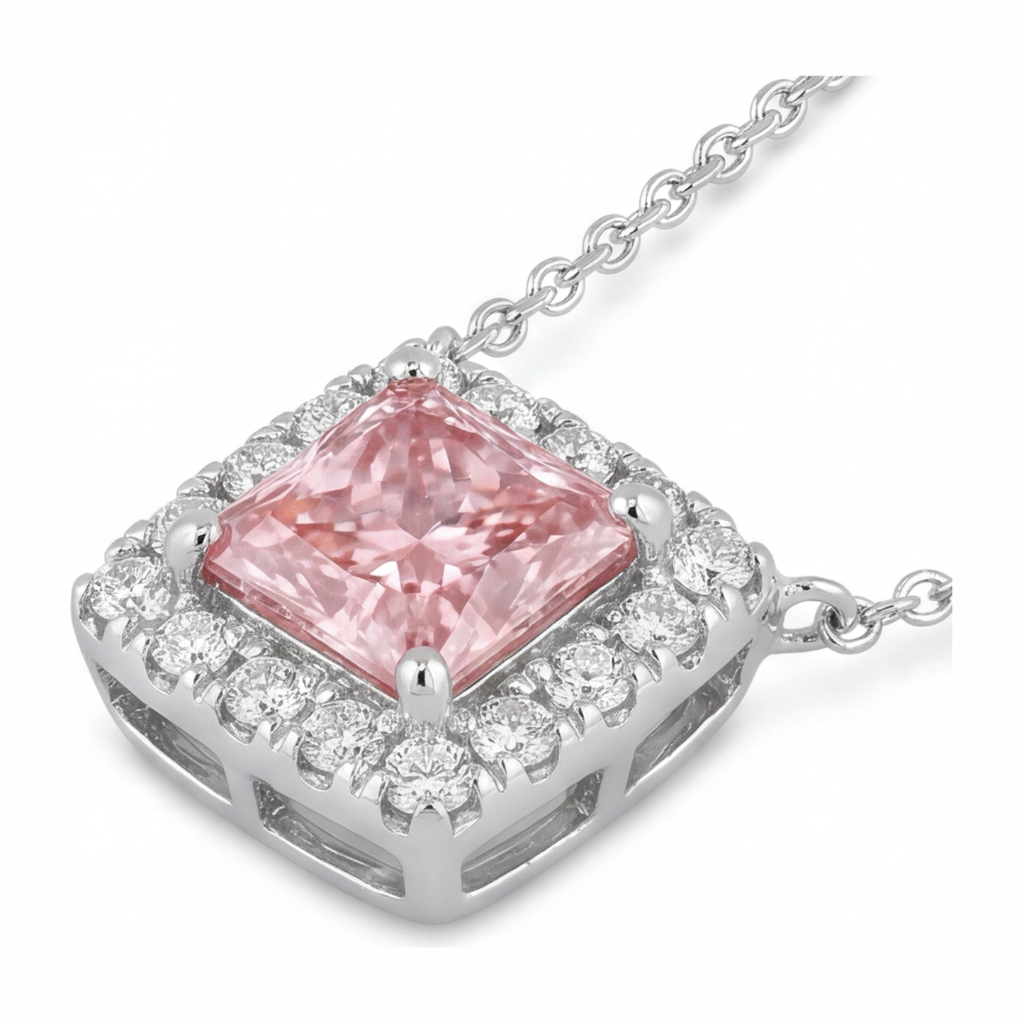 Rosa Diamant Halskette 4,5 Karat im Labor gezüchtet Radiant-Schliff Halo Pavé Anhänger 14 Karat Weißgold