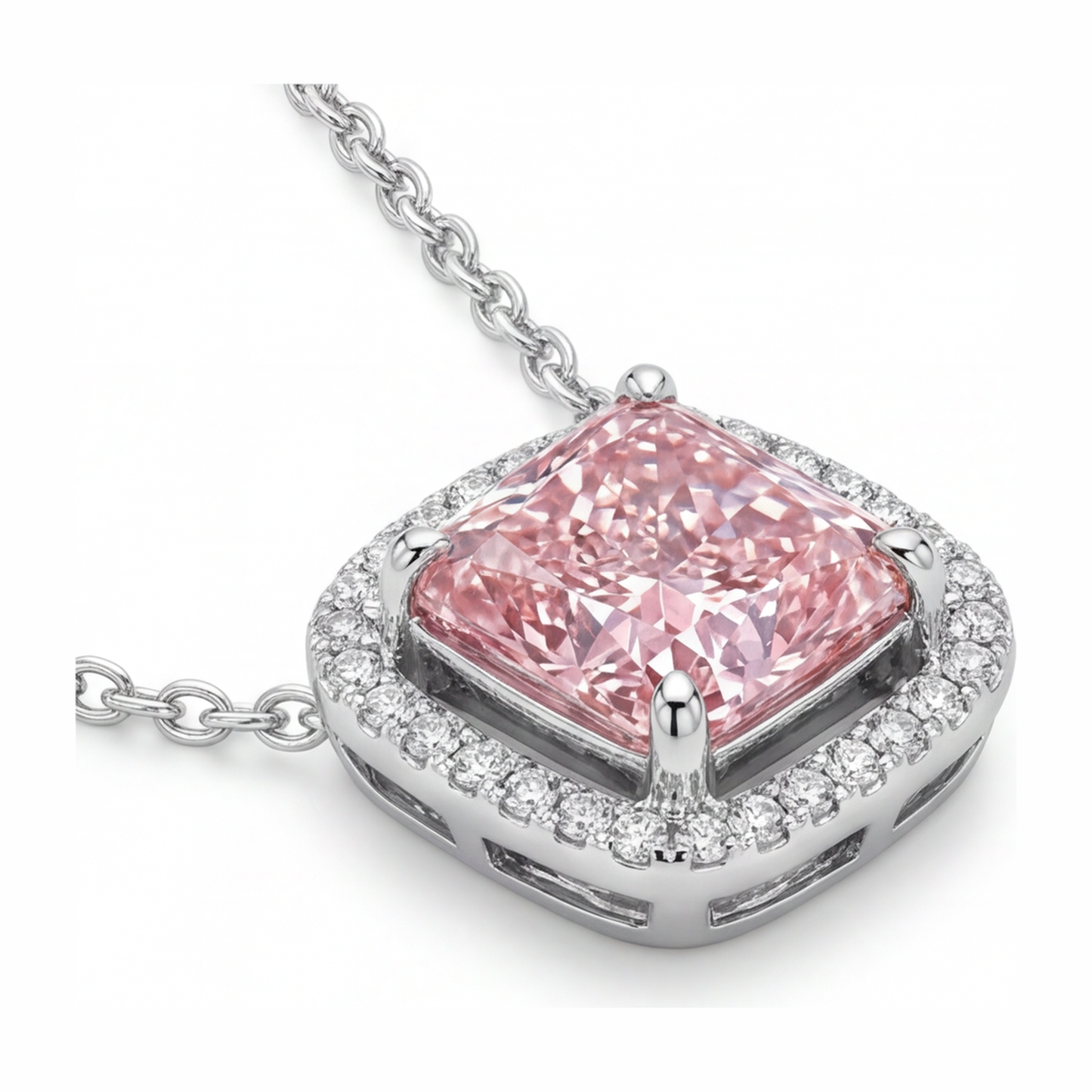 Halskette mit rosa Diamant 4,5 Karat im Labor gezüchtet Radiant Halo Pavé Kathedralen-Anhänger 14 Karat Weißgold