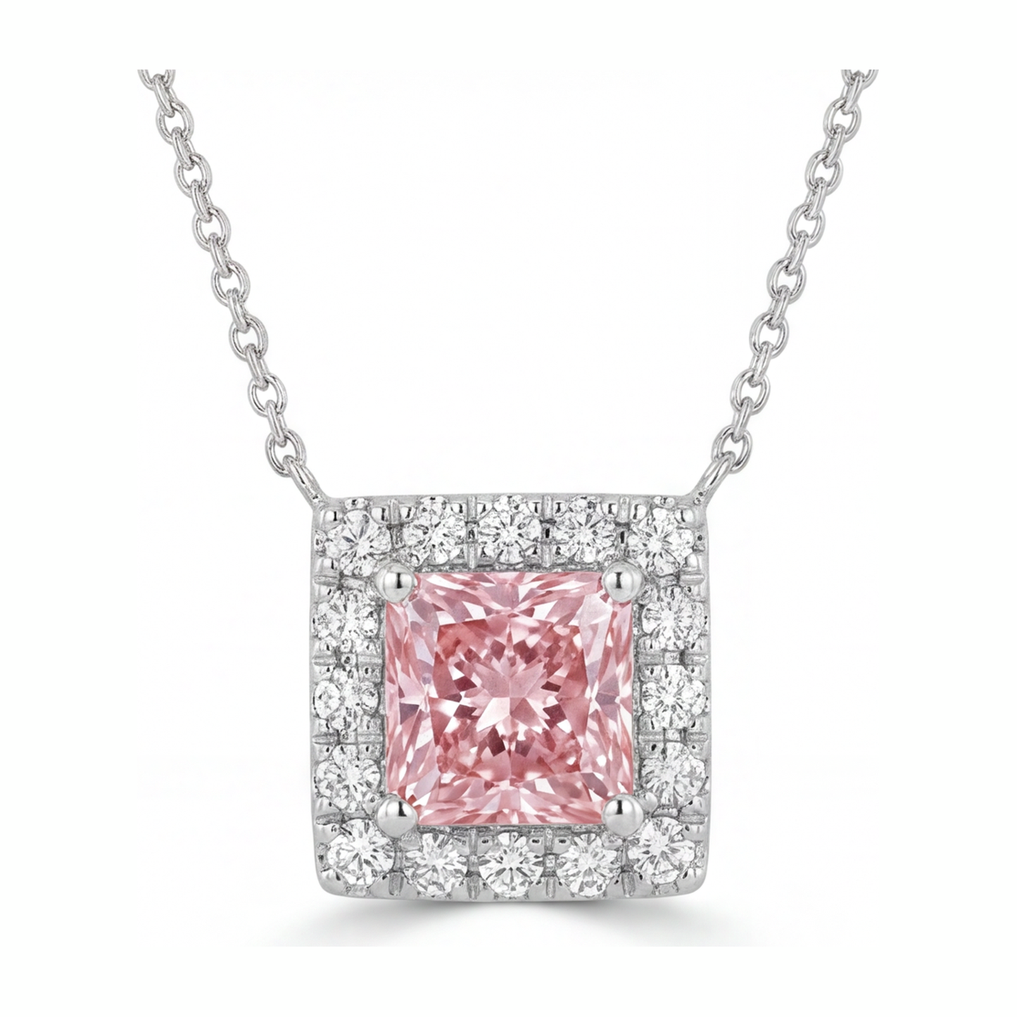 Rosa Diamant Halskette 4,5 Karat im Labor gezüchtet Radiant-Schliff Halo Pavé Anhänger 14 Karat Weißgold